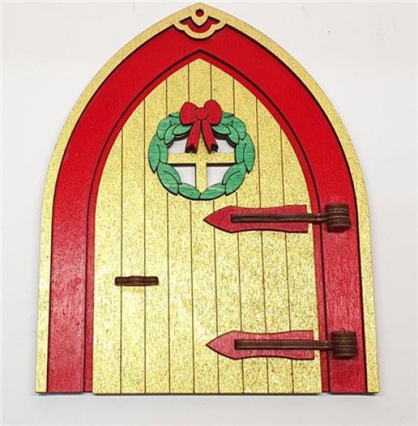 Tanno Design Weichnachten Wichteltür, Feentür, Mäusetür, Elfentür aus Holz zum öffnen mit lustigem Wichtel Gold/rot 17cm hoch