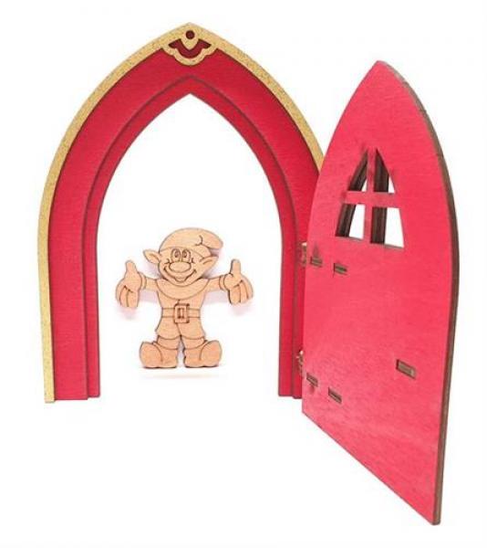 Tanno Design beliebteste Mini Wichteltür, Feentür, Mäusetür aus Holz zum öffnen mit echtem Wichtel_rot/gold 10 cm